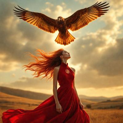 The primary subject of the image is a woman wearing a red dress, standing in a field with her hair blowing in the wind. The setting is an outdoor environment with a mountainous background. The visual style is a combination of photo and digital art, creating a unique and artistic representation of the scene. The dominant colors are red and orange, giving the image a warm and vibrant atmosphere.